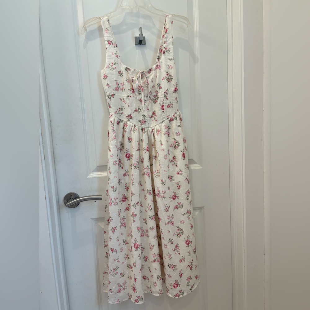 NWT Thirty Thirty Floral Tie-Front White Midi Peasant Dress - L